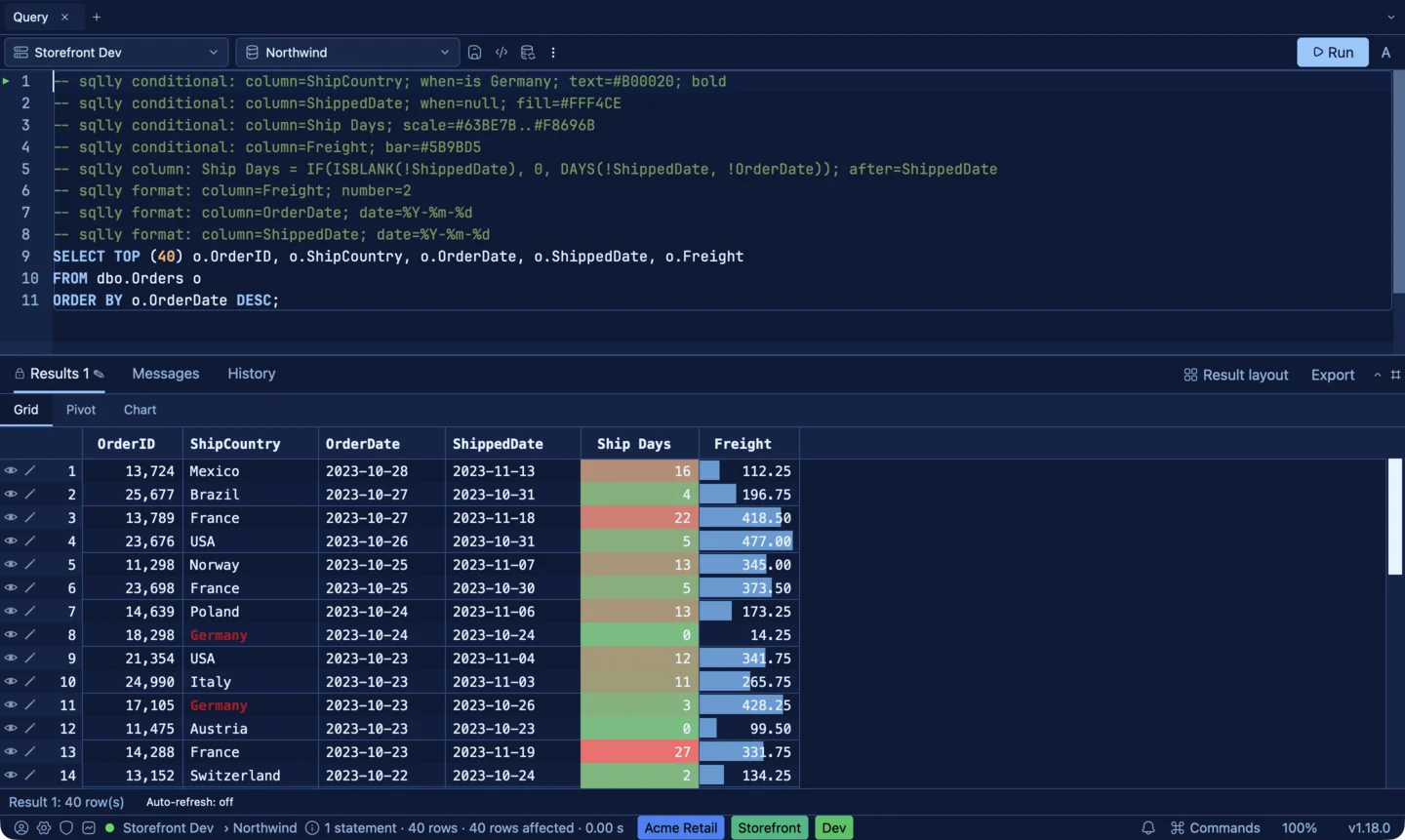 An orders result with Germany in red bold, a green-to-red color scale on a computed Ship Days column and data bars on Freight, with the conditional directive lines above the query