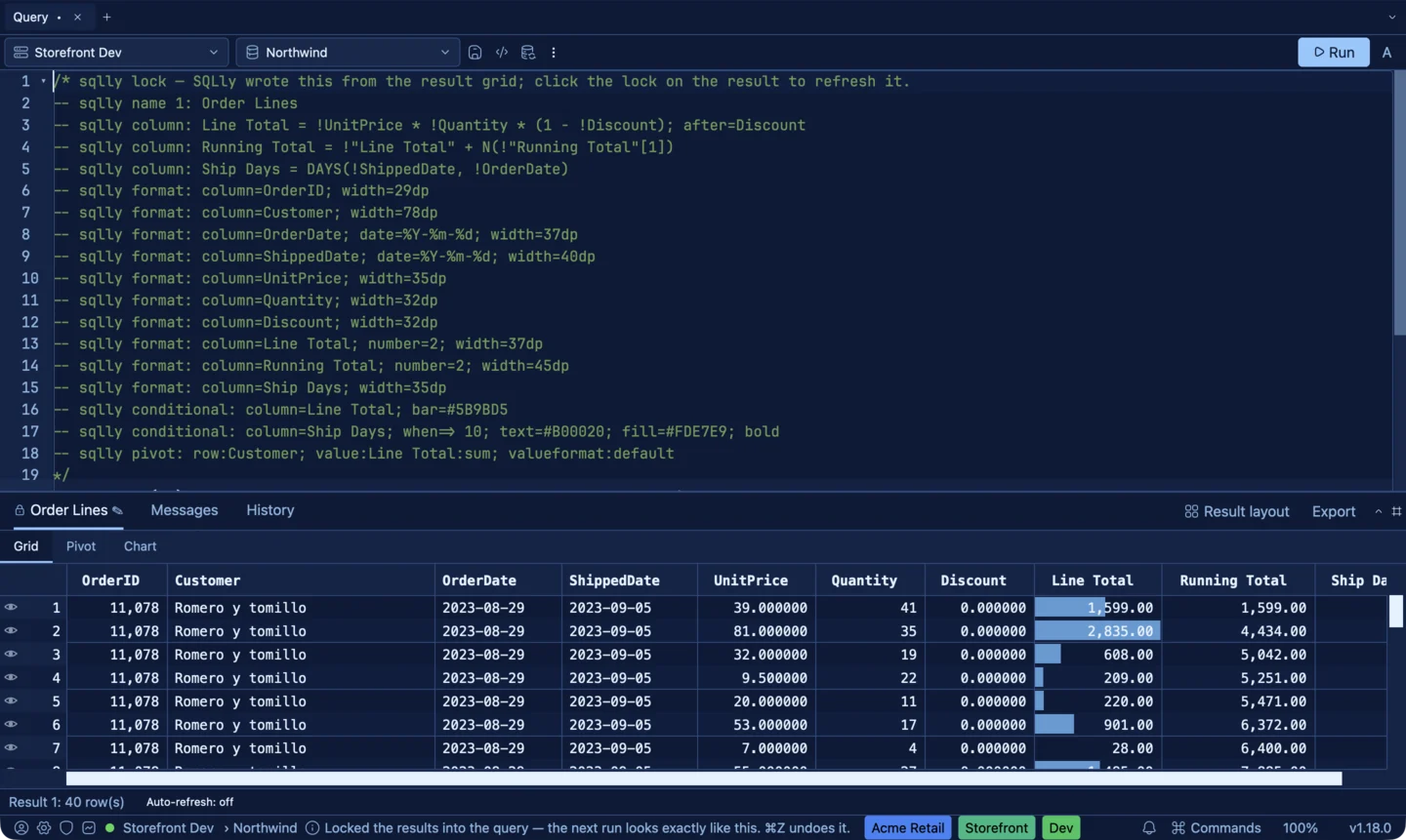 The lock clicked on an Order Lines result: a sqlly lock block at the top of the query holds the result name, three computed columns, every column's format and width in dp, a data bar and a fill rule, and the pivot, above the grid it describes
