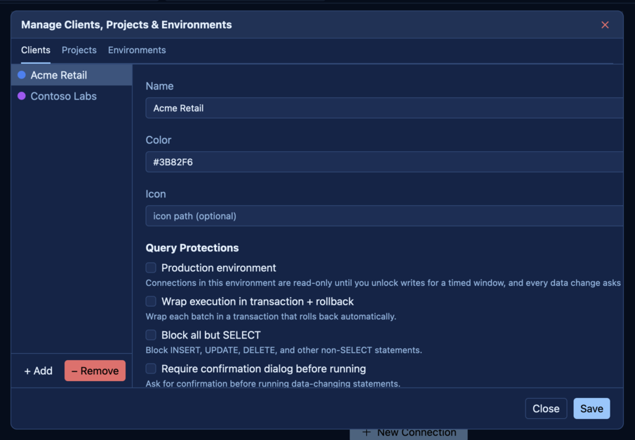 SQLly entity management dialog with name, color, icon, and query protections