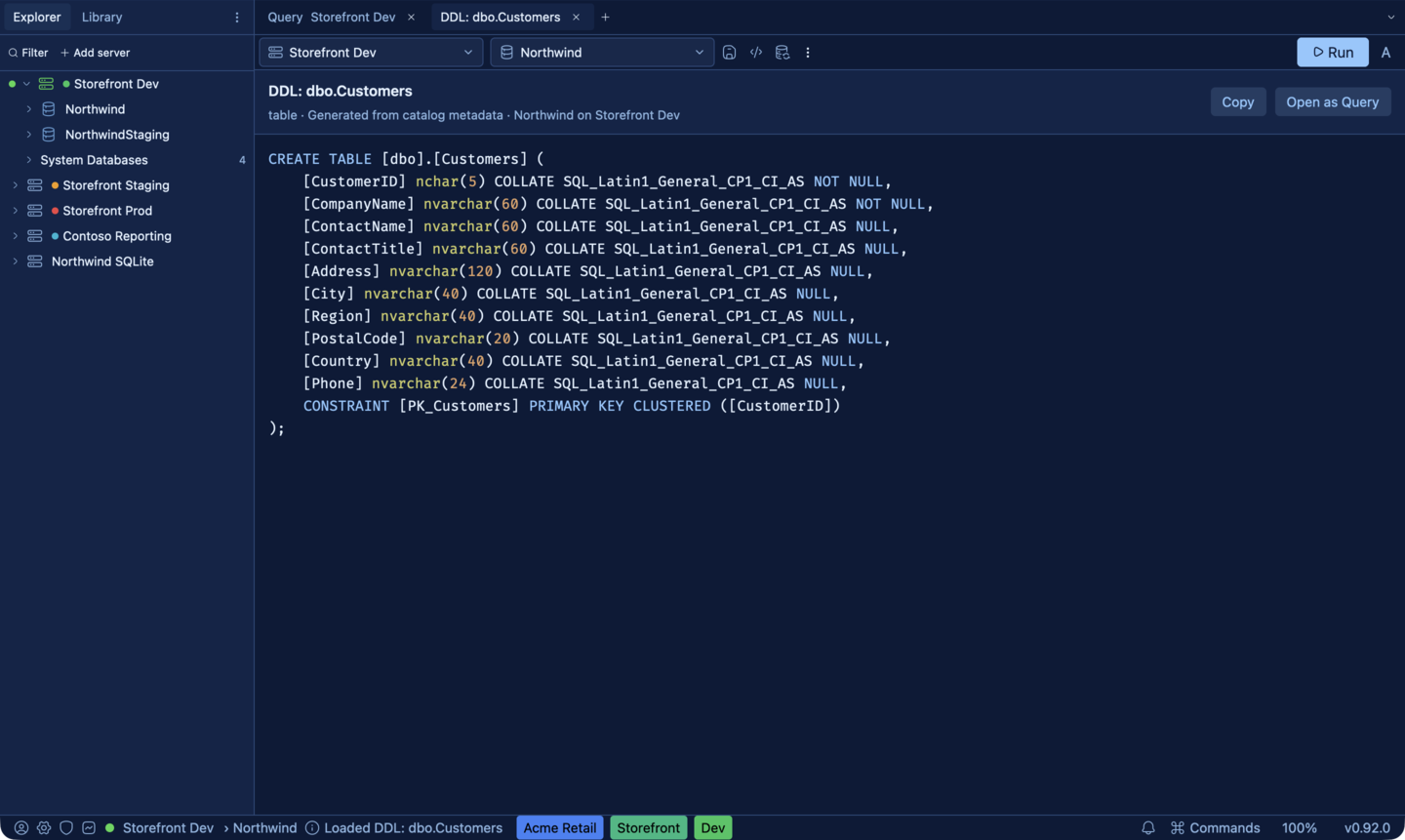SQLly DDL source viewer opened from a Cmd-click in the editor