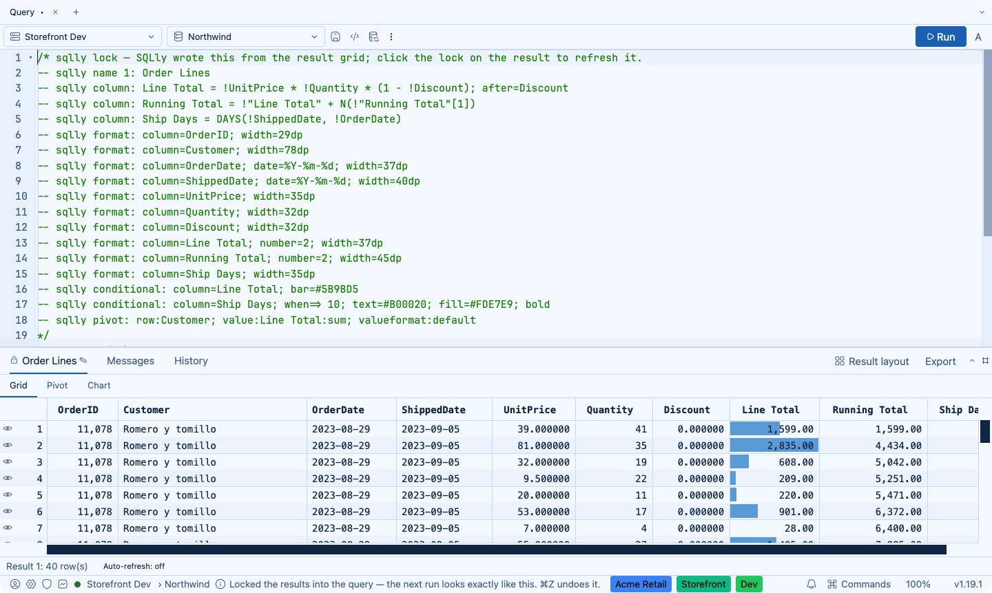 The lock in front of a result's name, and the sqlly lock block it wrote at the top of the query.
