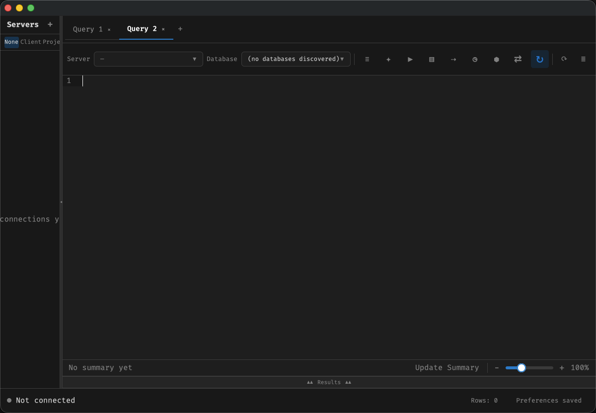 SQLly query workspace with the Servers panel open on the left and an empty query tab