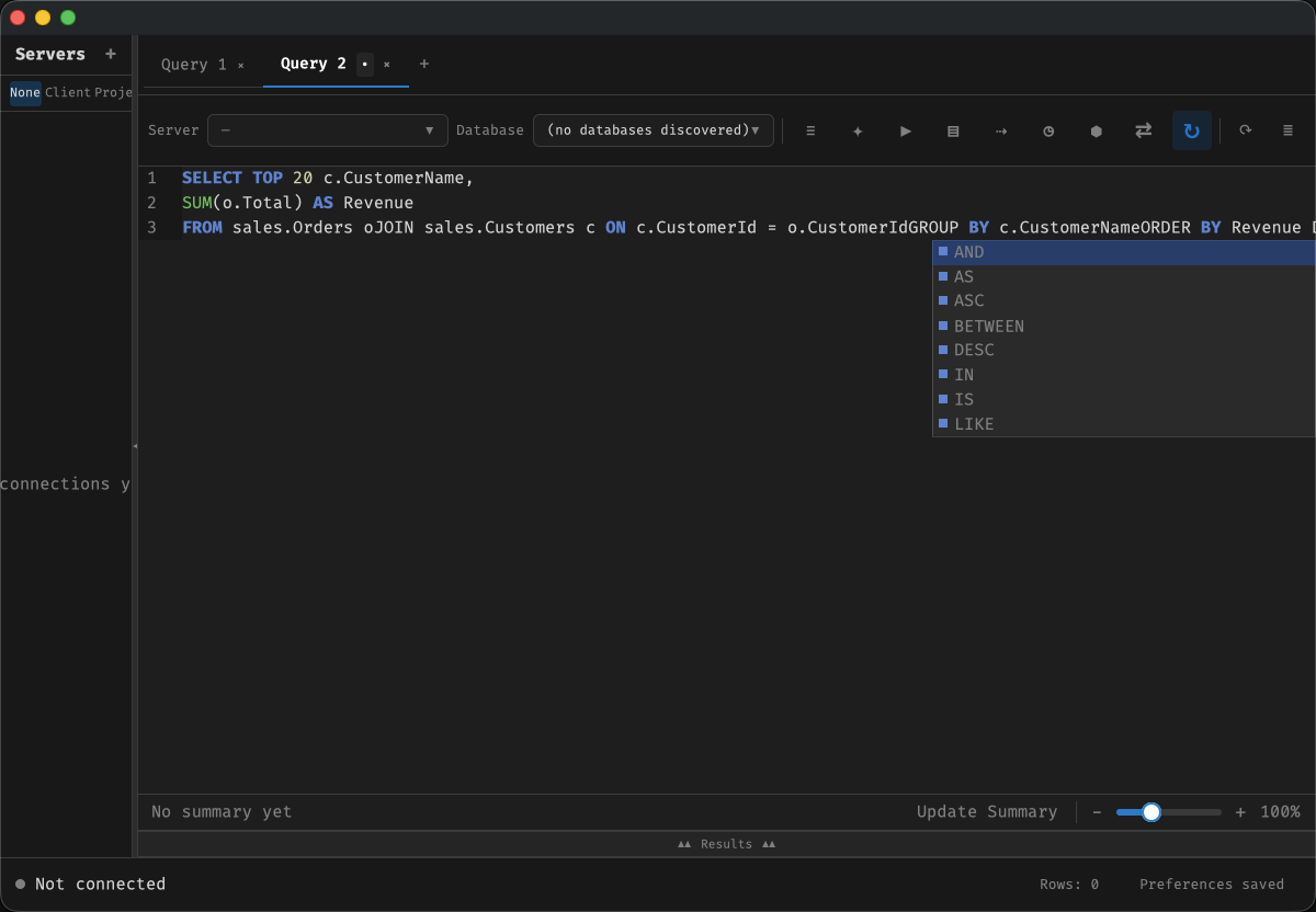 SQLly editor showing an IntelliSense completion popup