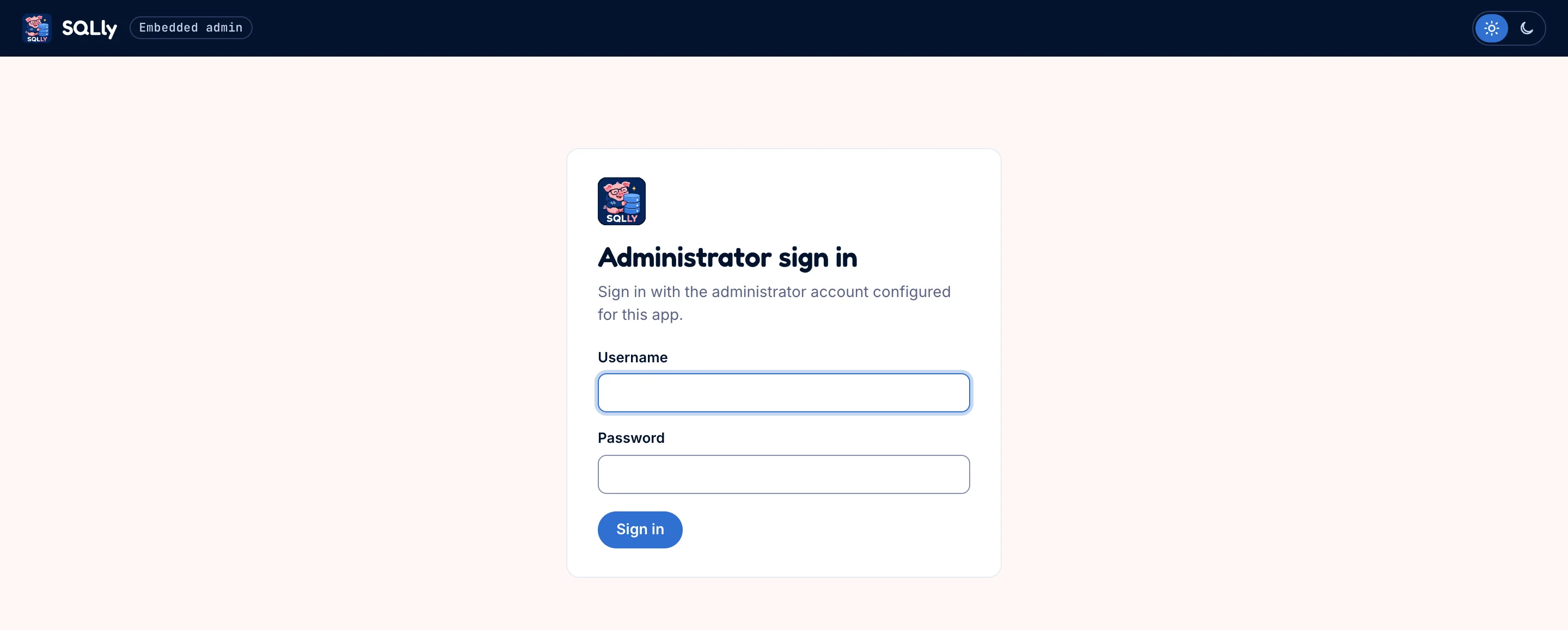 The sample app's Administrator sign in card with username and password fields