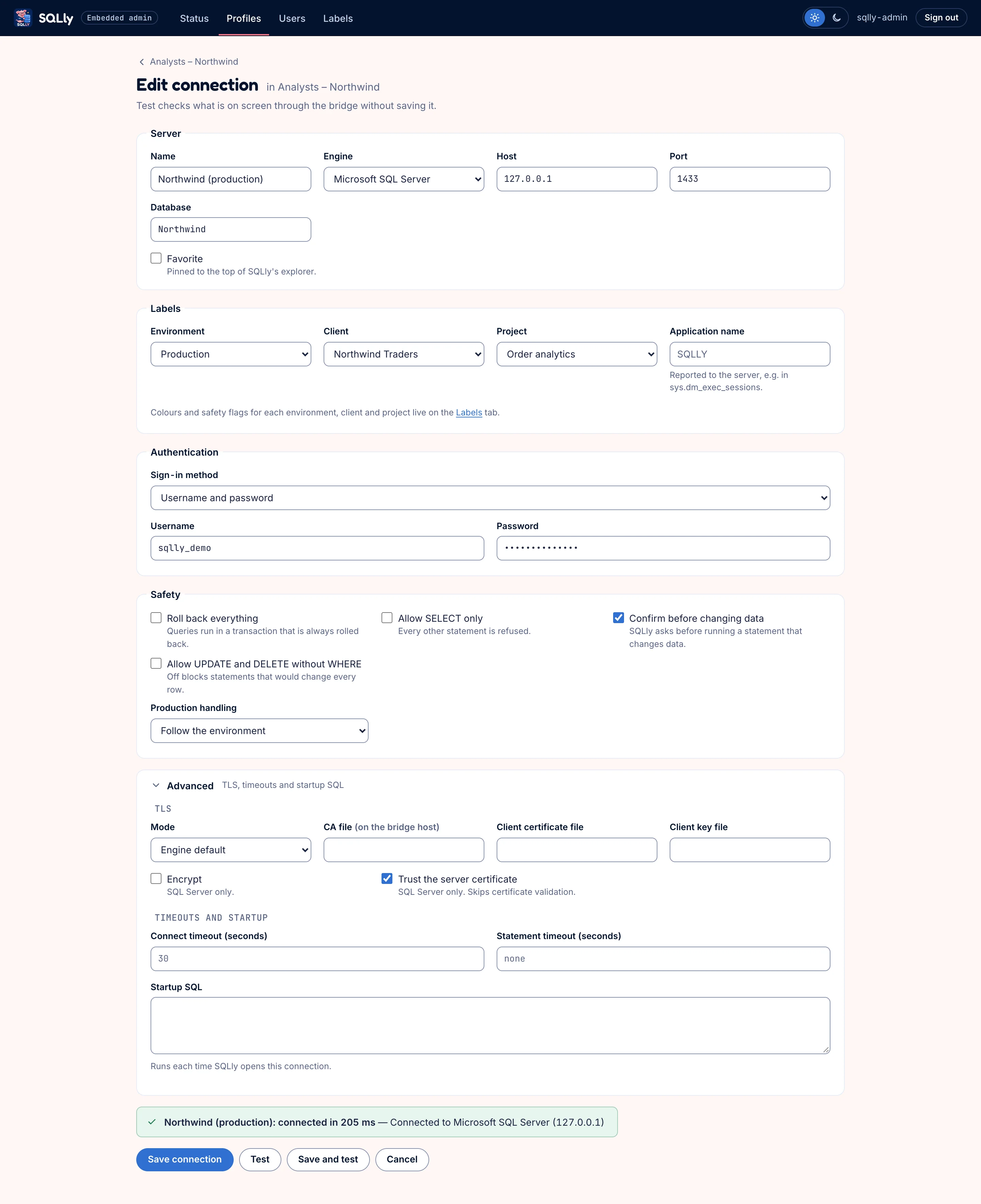 The connection editor for a SQL Server connection with server, database, labels, a masked password, safety and TLS options, and a green Test result above the Save connection, Test, Save and test, and Cancel buttons