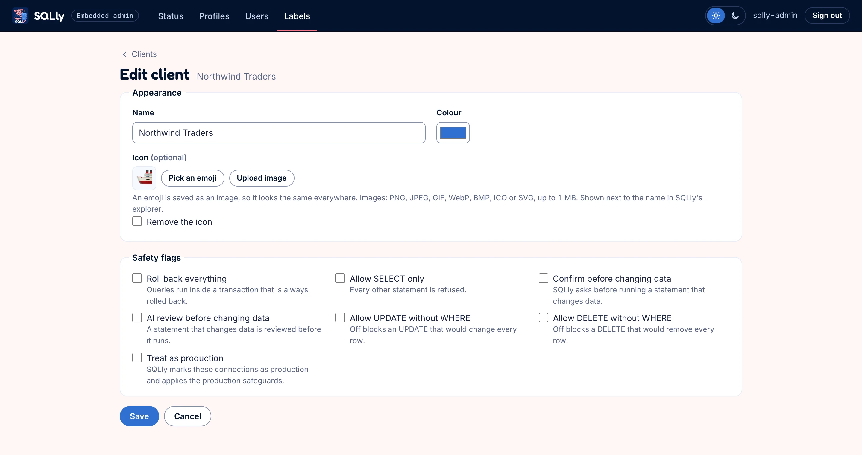 Edit client form for Northwind Traders with name, colour, emoji icon and the full list of safety flag checkboxes