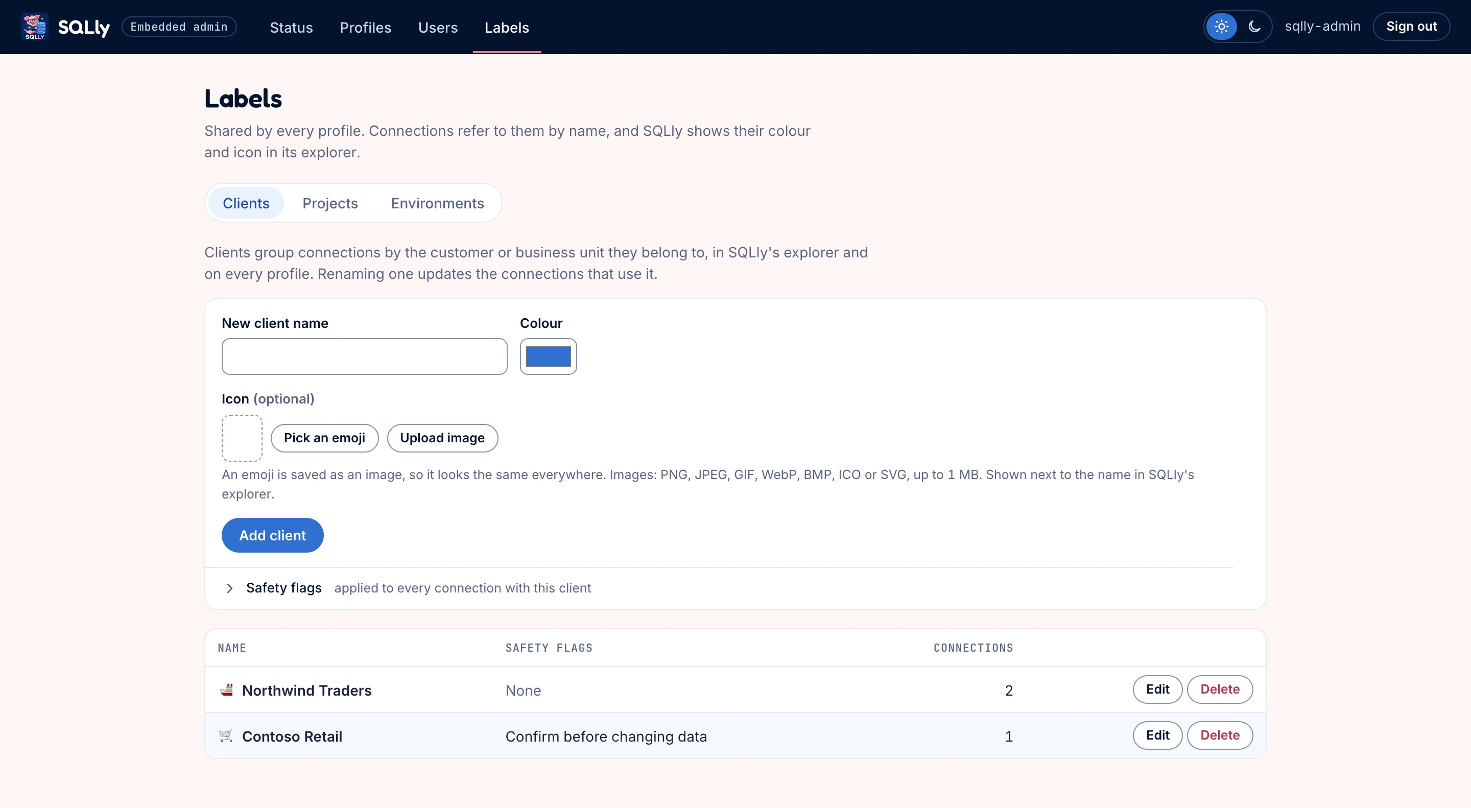 Labels page on the Clients tab with a form to add a client with colour, emoji or image icon and safety flags, and two clients listed with icons and connection counts