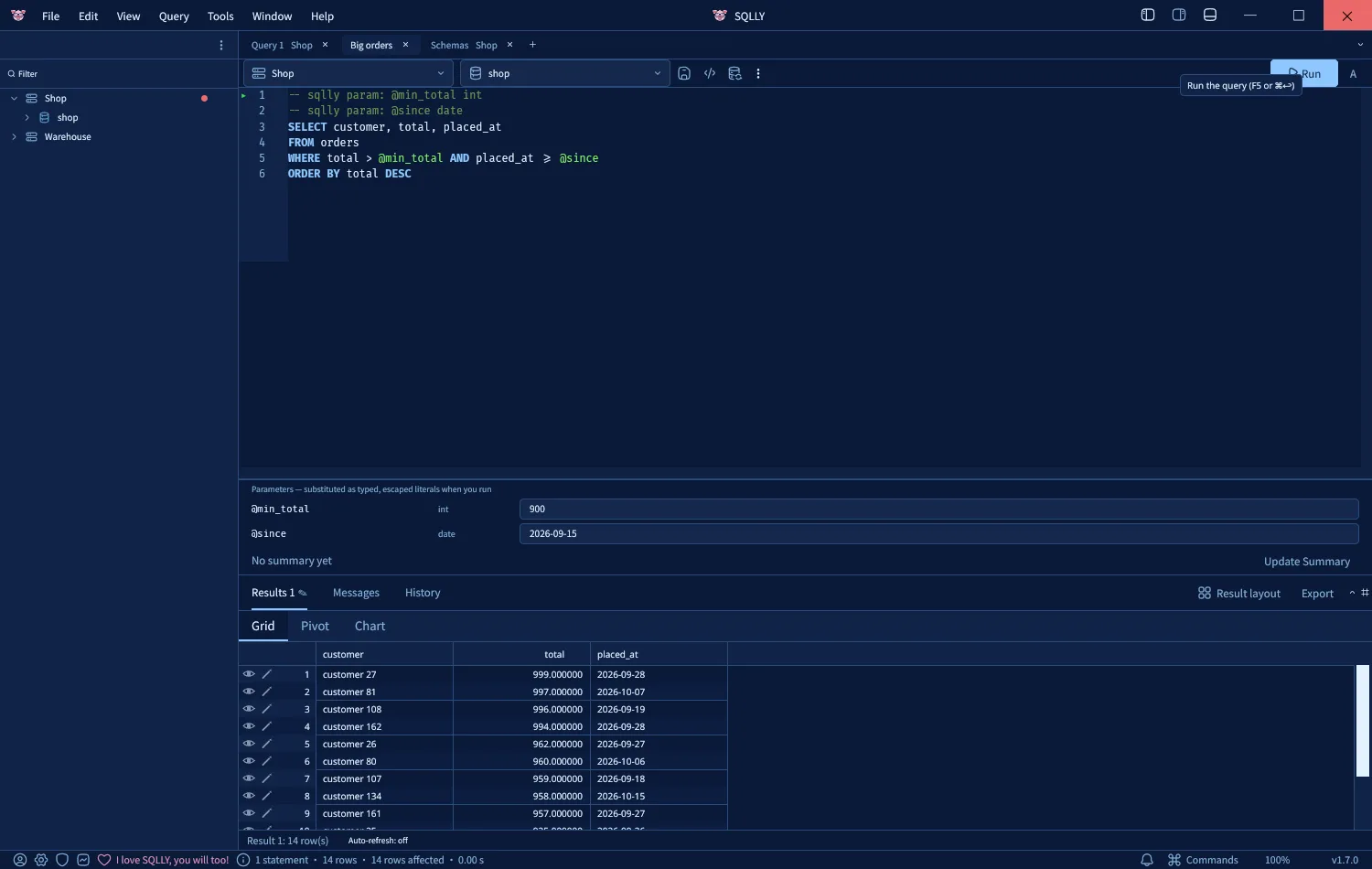 The Big orders tab after pressing Run: a grid of 14 orders over 900 placed since 2026-09-15