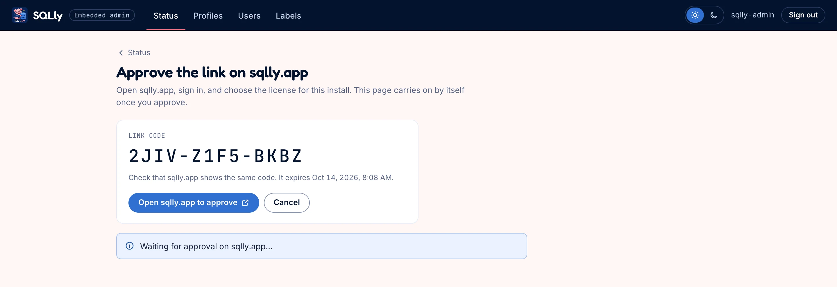 The sample app showing a large link code with an Open sqlly.app to approve button, waiting for approval