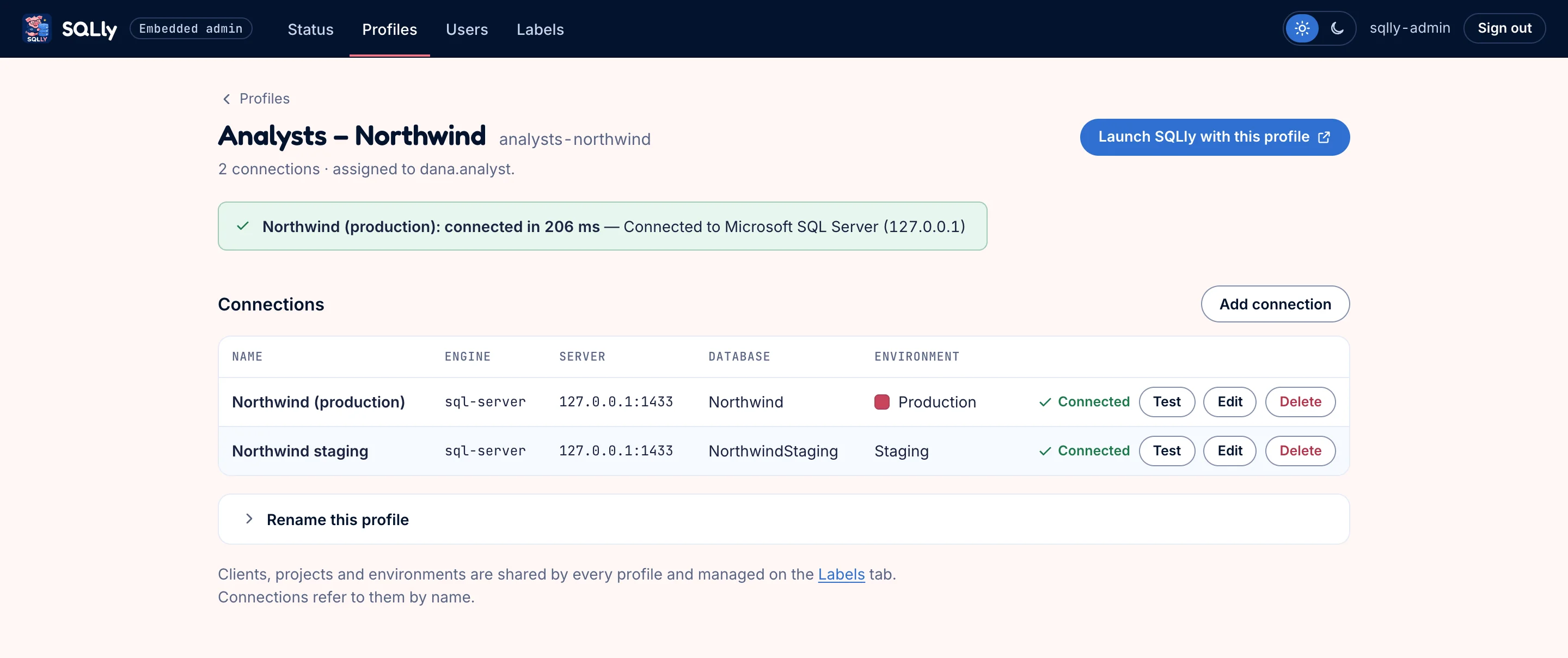 The Analysts – Northwind profile page with a green connection test result and a table of two SQL Server connections, each marked Connected with Test, Edit and Delete buttons