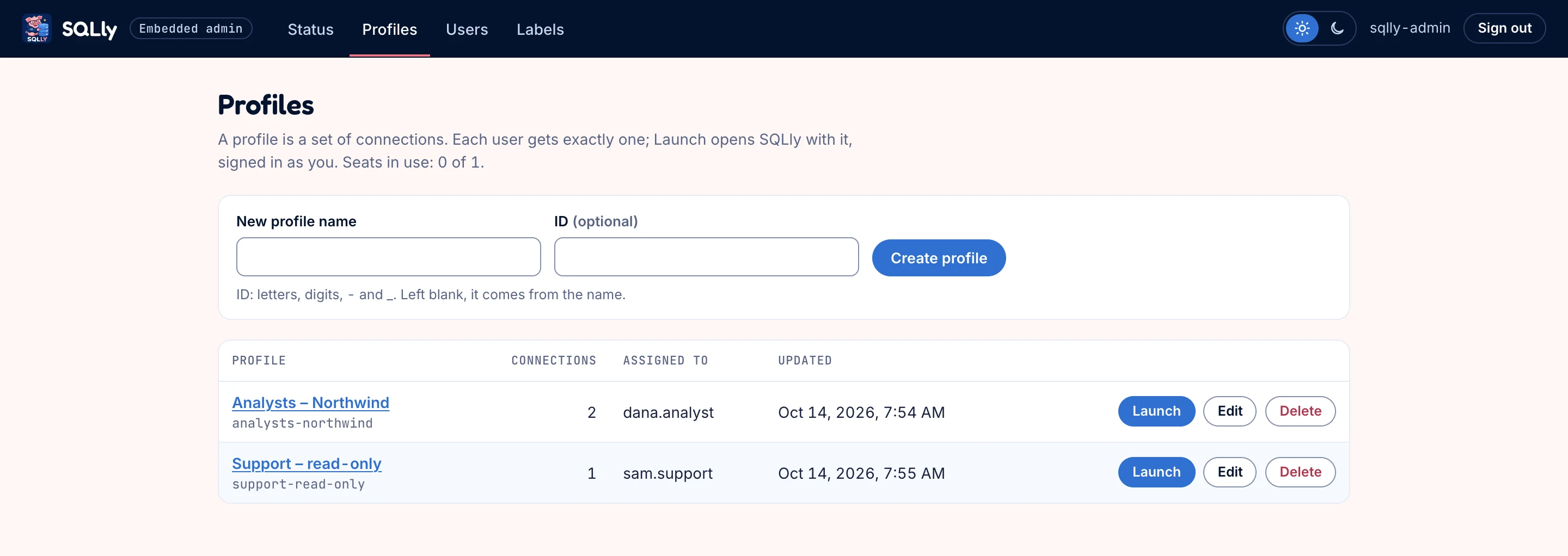 Profiles list with a create row and two profiles, Analysts – Northwind and Support – read-only, each with Launch, Edit and Delete