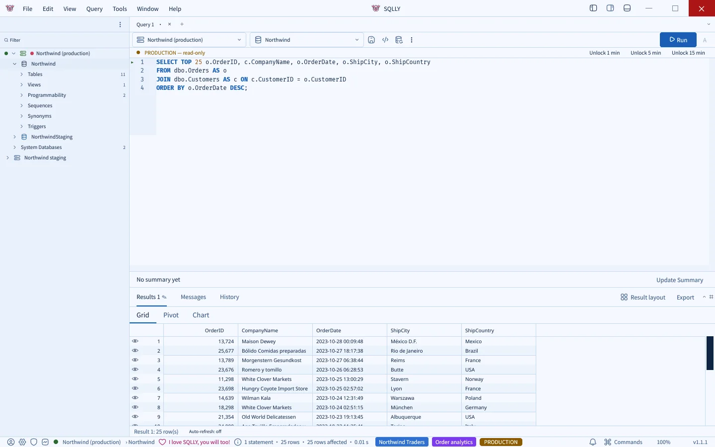SQLly running in the browser through the bridge: the explorer shows the Northwind production and staging connections, a SELECT query against Orders and Customers is in the editor under a PRODUCTION read-only bar, and the results grid shows 25 rows