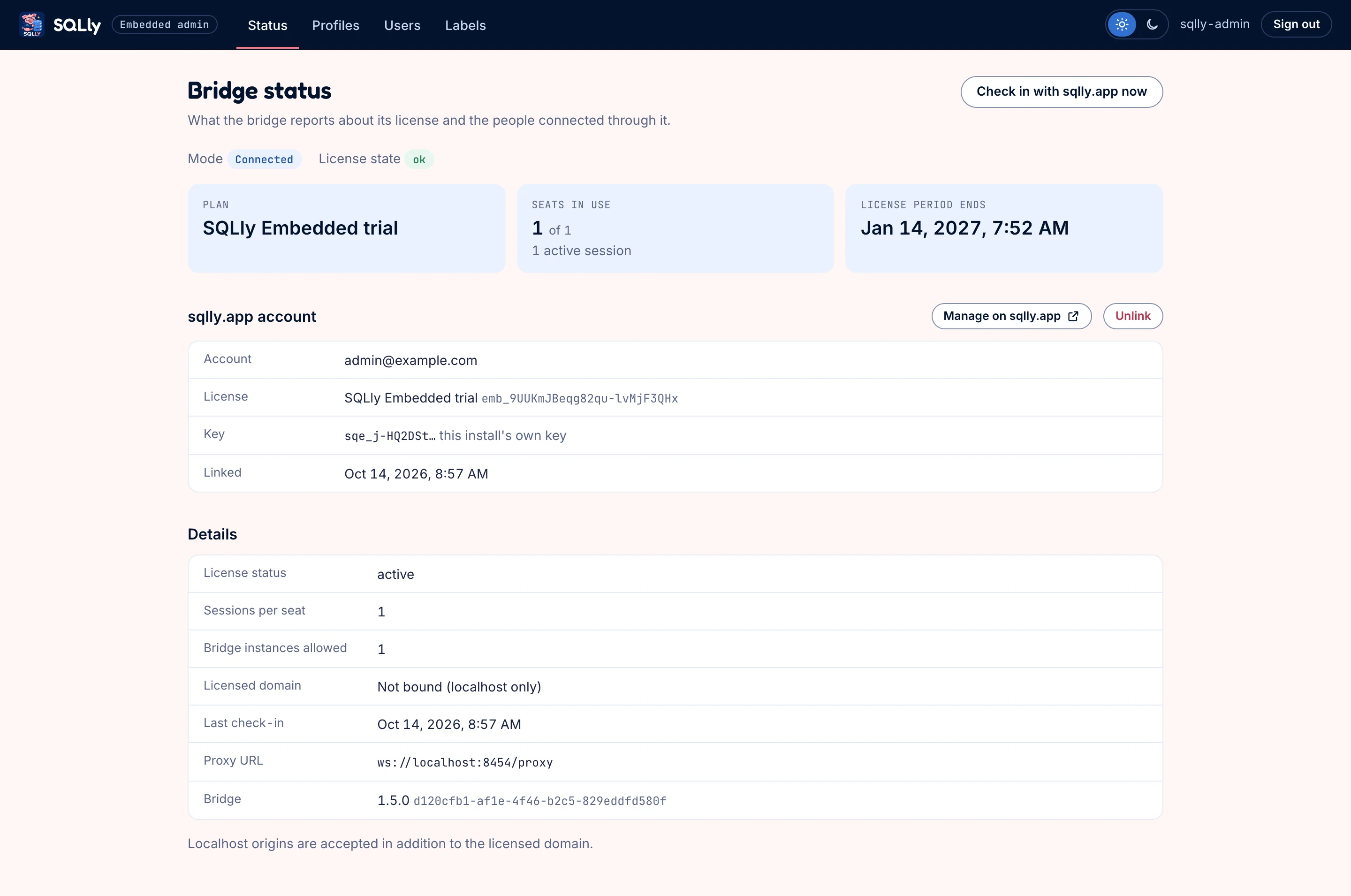 Bridge status page showing 1 of 1 seats in use and 1 active session