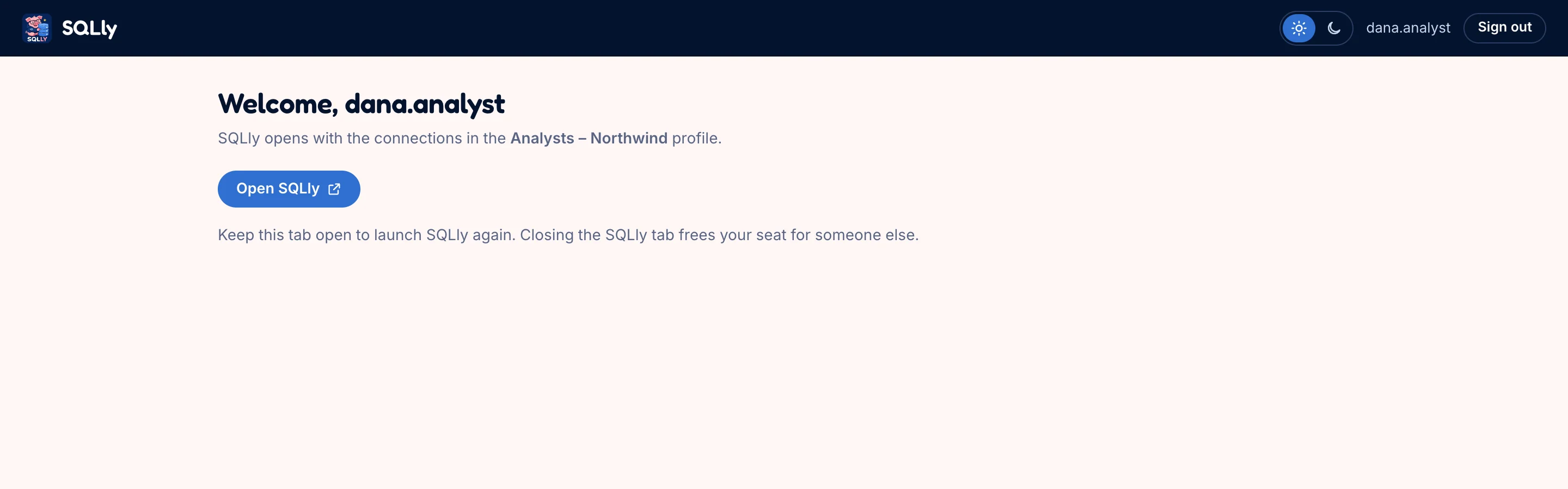Welcome page for dana.analyst naming the Analysts – Northwind profile with an Open SQLly button