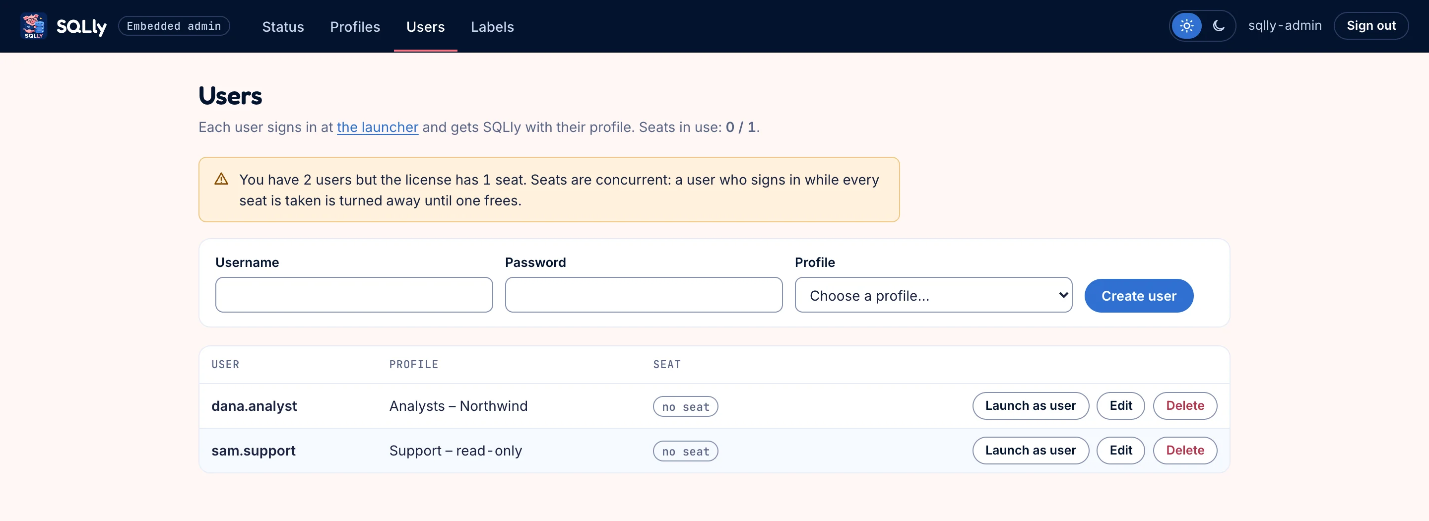 Users page showing seats in use 1 of 1, a warning that two users exceed the one-seat trial, a create row, and two users, one holding a seat with a Release seat button
