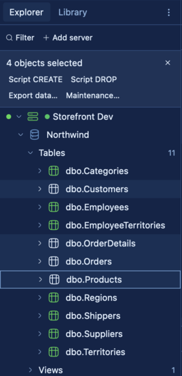 Four tables multi-selected in the explorer, with the bulk-operations banner showing Script CREATE, Script DROP, Export data, and Maintenance.
