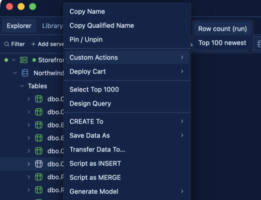 A table's right-click menu with the Custom Actions submenu listing two user templates.