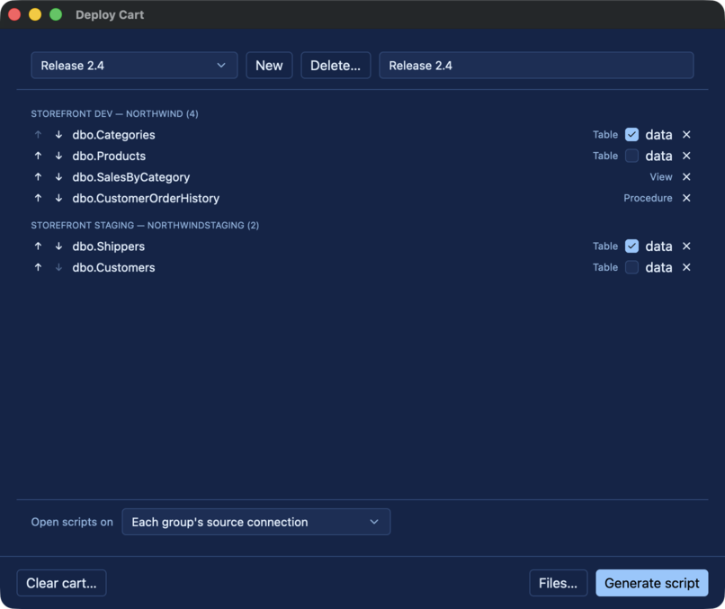 The Deploy Cart window: items grouped by source connection and database, with data checkboxes on tables and the Generate script button.