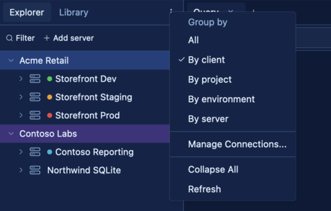 SQLly server explorer grouped by client