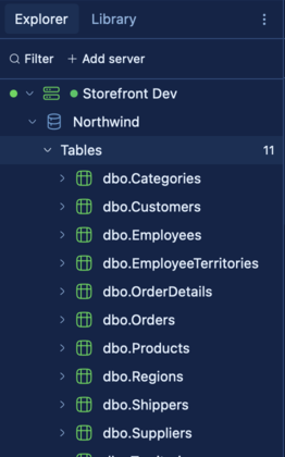 SQLly server explorer schema tree with aligned metadata