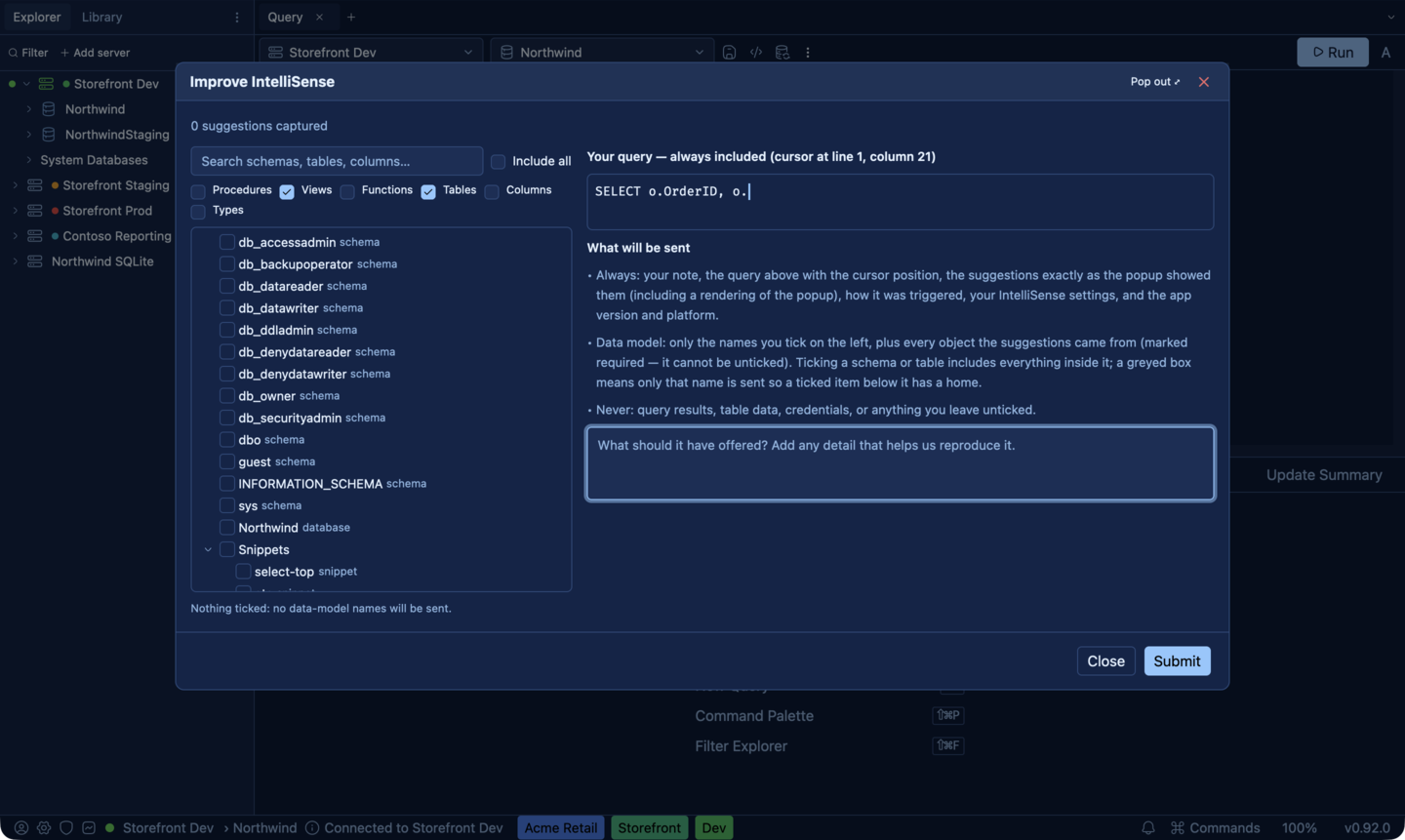 SQLly IntelliSense feedback capture dialog