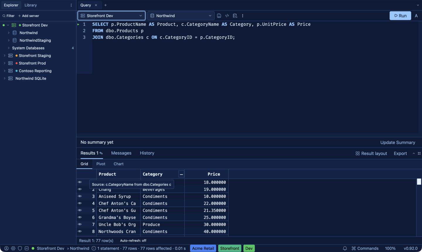 Result grid header tooltip showing a column's source table and column