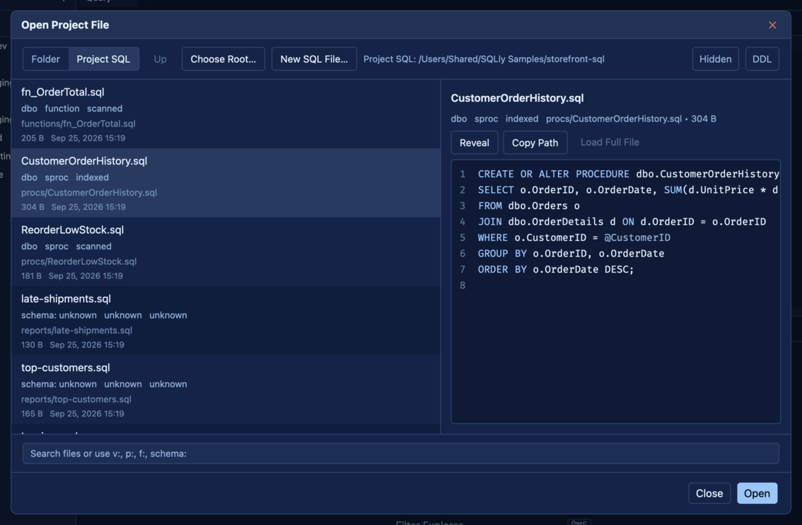SQLly custom Open dialog with search and preview