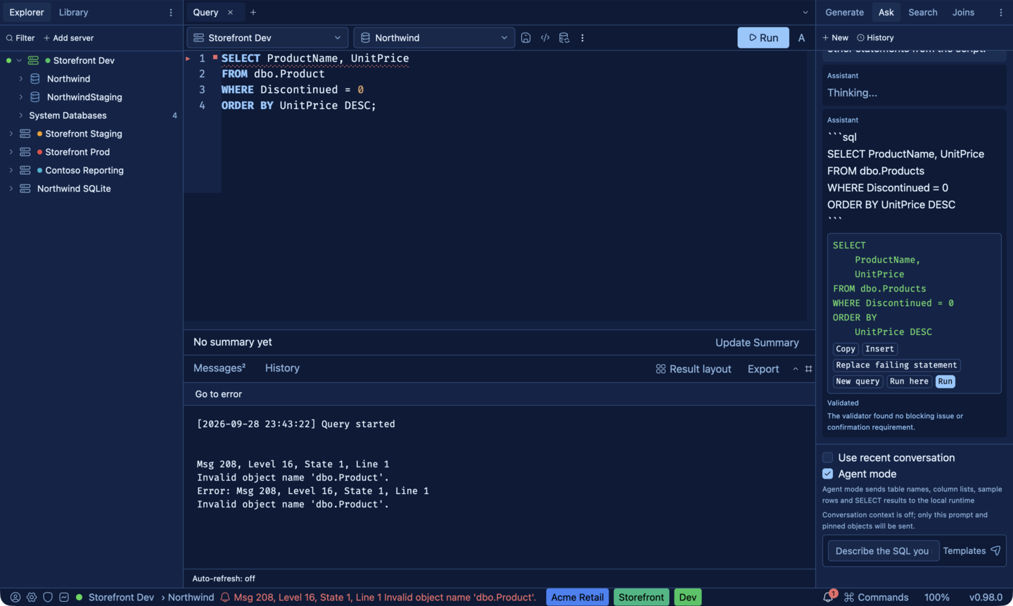 An AI error explanation with the Replace failing statement button, and the corrected statement selected in the editor.