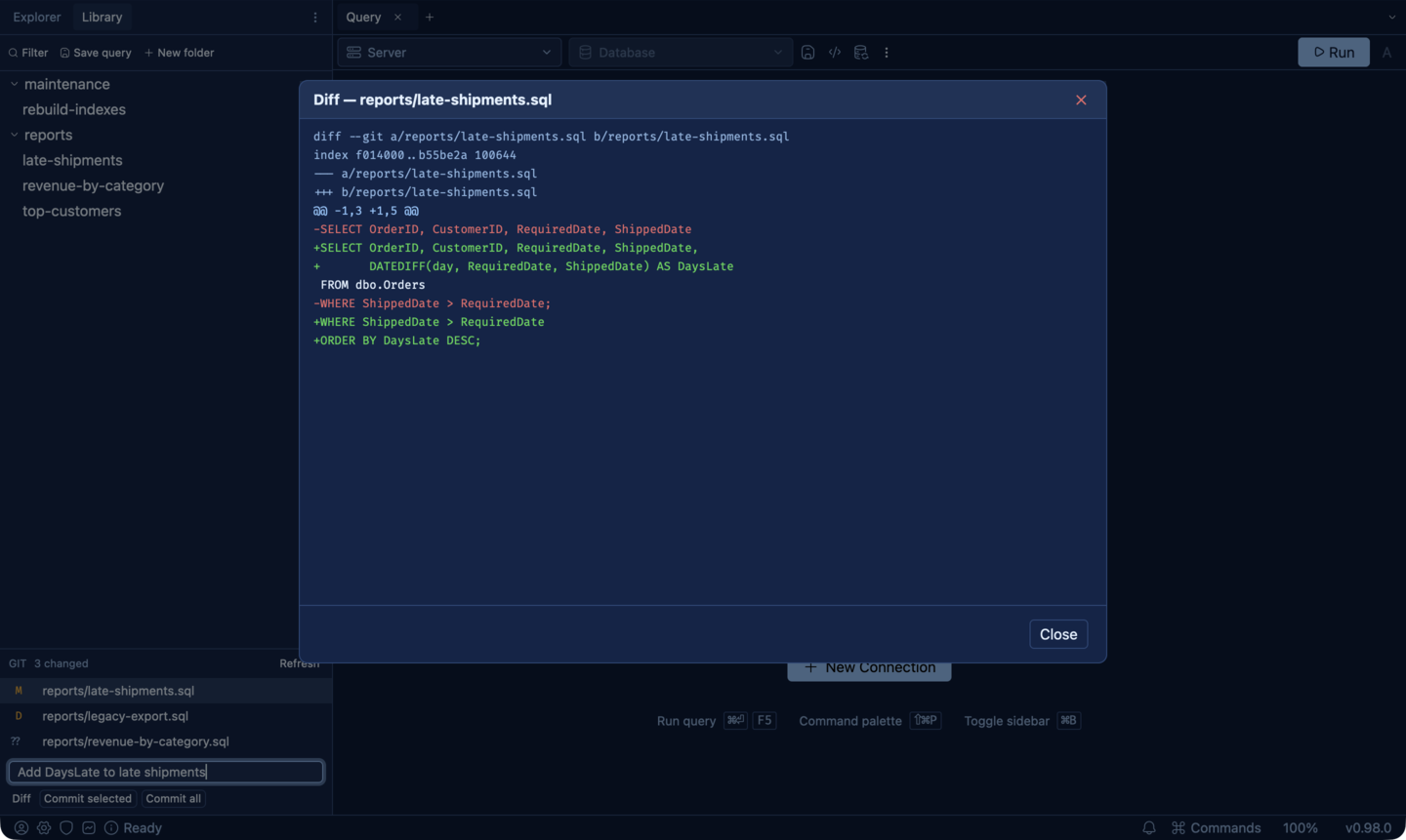 The SQL library's Git section: changed scripts with status codes, a diff preview, and the commit message field.