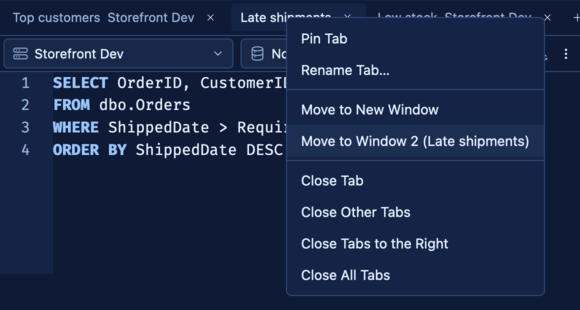 The tab context menu with Move to New Window and Move to Window 2 entries.