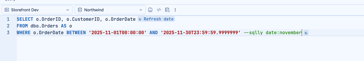 A written date literal with its trailing --sqlly date: comment and the refresh button that re-evaluates it against today.