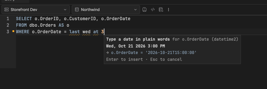 The date card under a WHERE comparison: the phrase typed in plain words, what it means, and the SQL literal it will become.