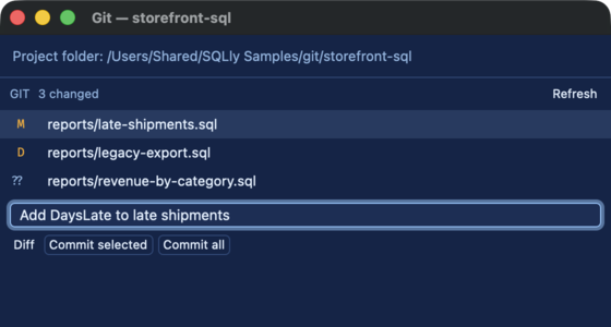 The Git window for an open project folder, with the changed-files list and commit controls.