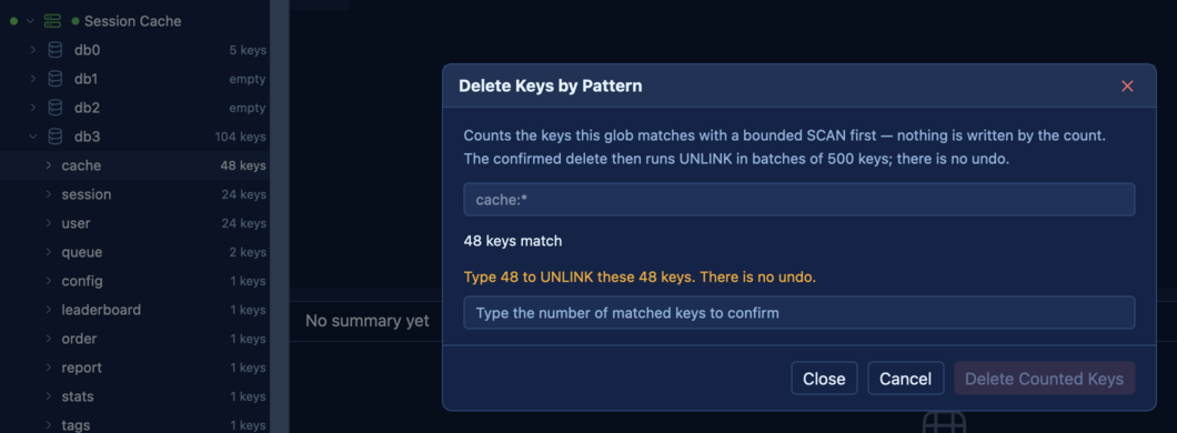 Redis bulk delete: the dry-run match count for a folder's pattern before the confirmed, batched UNLINK.