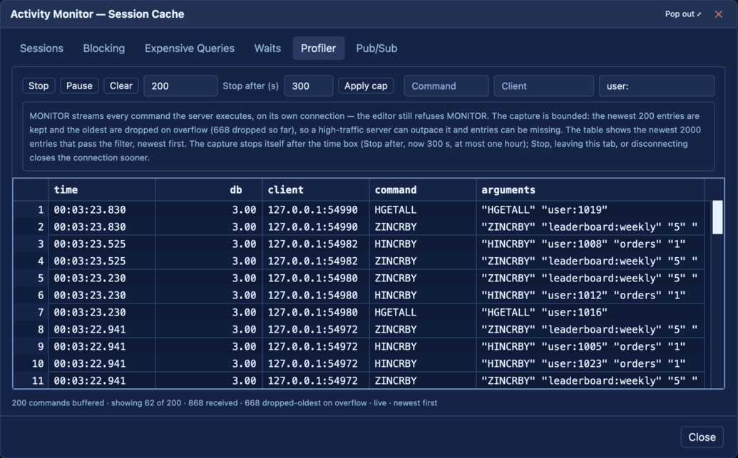Redis Profiler: a live MONITOR capture with command/client/text filters, the bounded-capture banner, and the dropped-oldest counter in the status line.