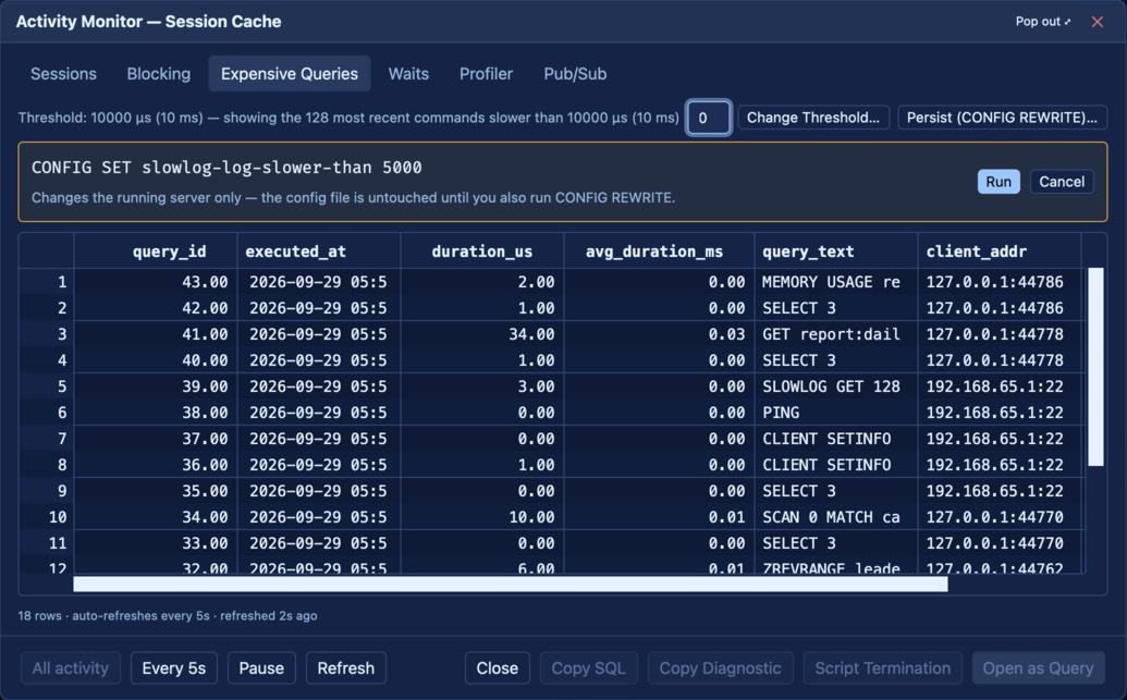 Redis slow log in the Activity Monitor: the slowlog-log-slower-than threshold row and the reviewed CONFIG SET strip.