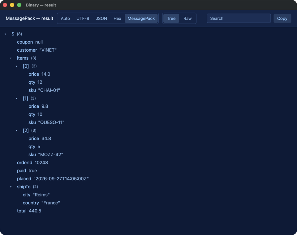 Value viewer format picker: a MessagePack-encoded Redis value decoded into the JSON tree.