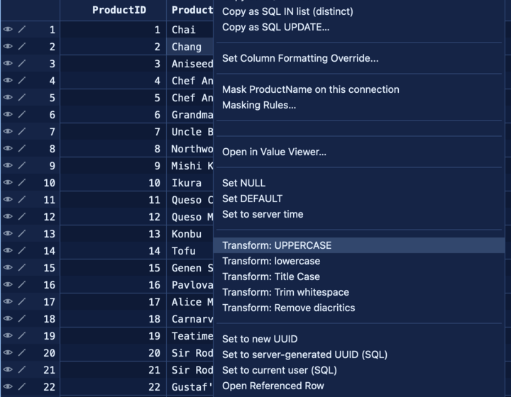 Right-click a text cell: Transform entries and value generators stage a change on the spot.