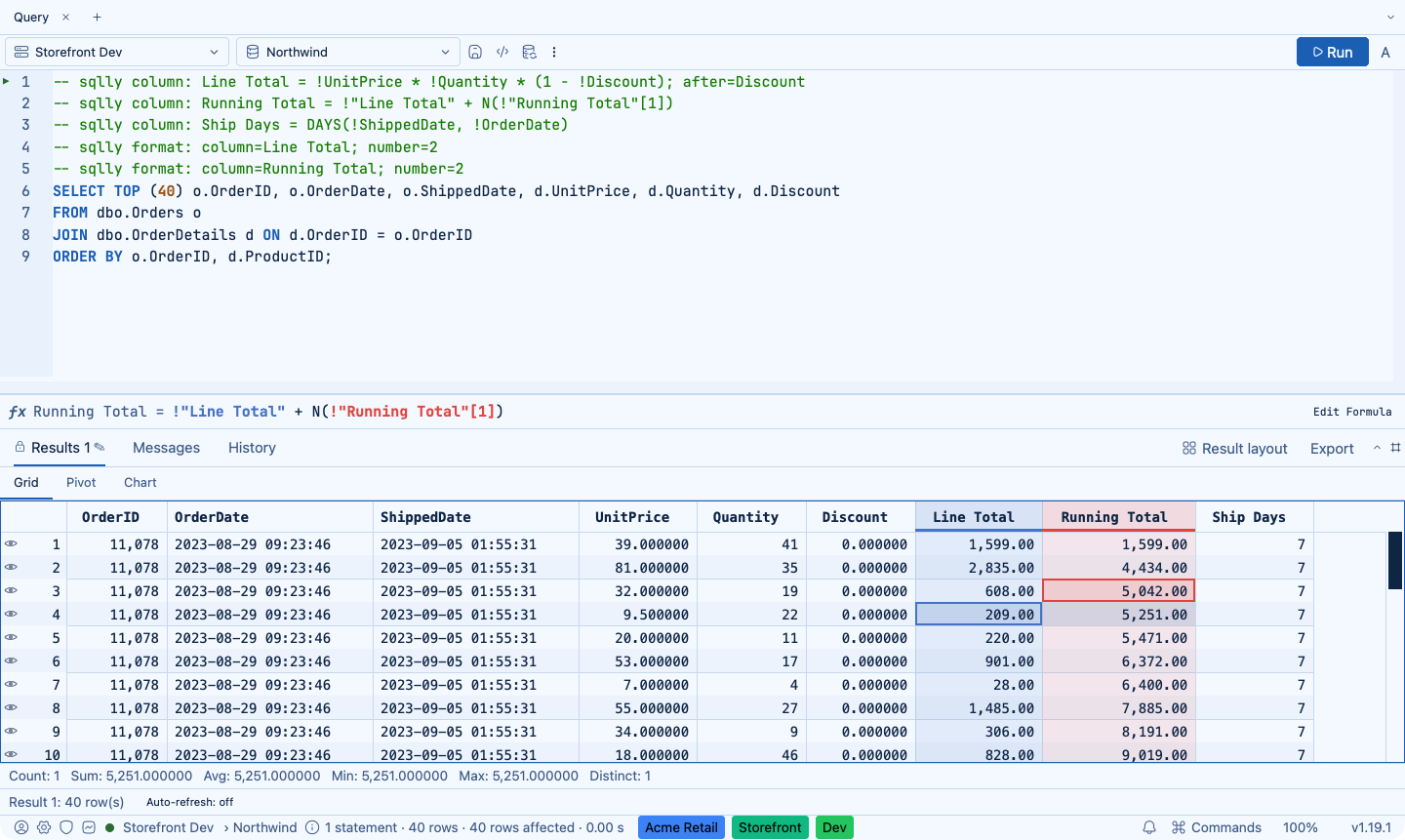 A selected cell in a computed column, with its formula shown read-only in the formula bar, colored references, and the Edit Formula button.