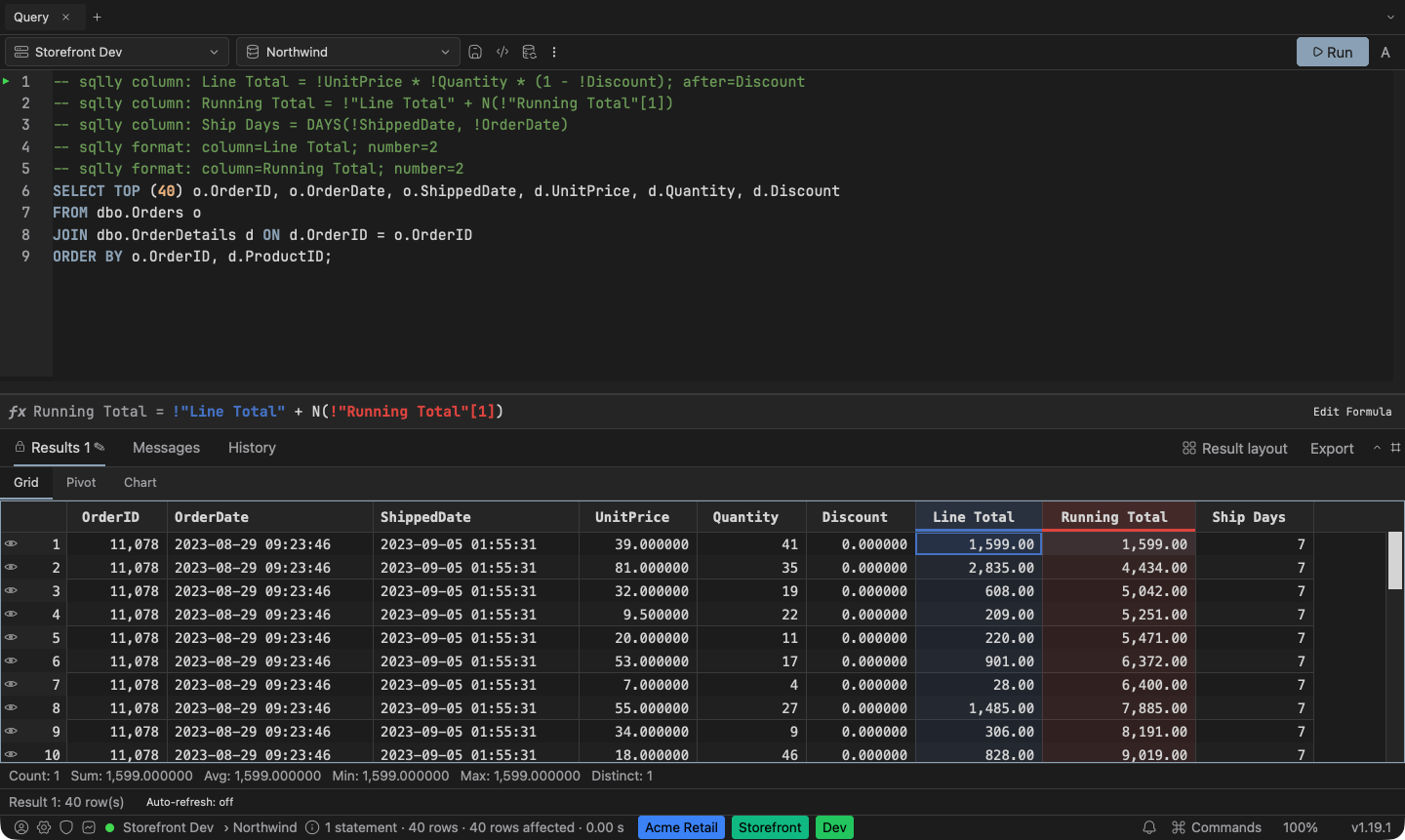 A result with two computed columns, Line Total and Running Total, next to the columns they read, and the sqlly column lines at the top of the query.