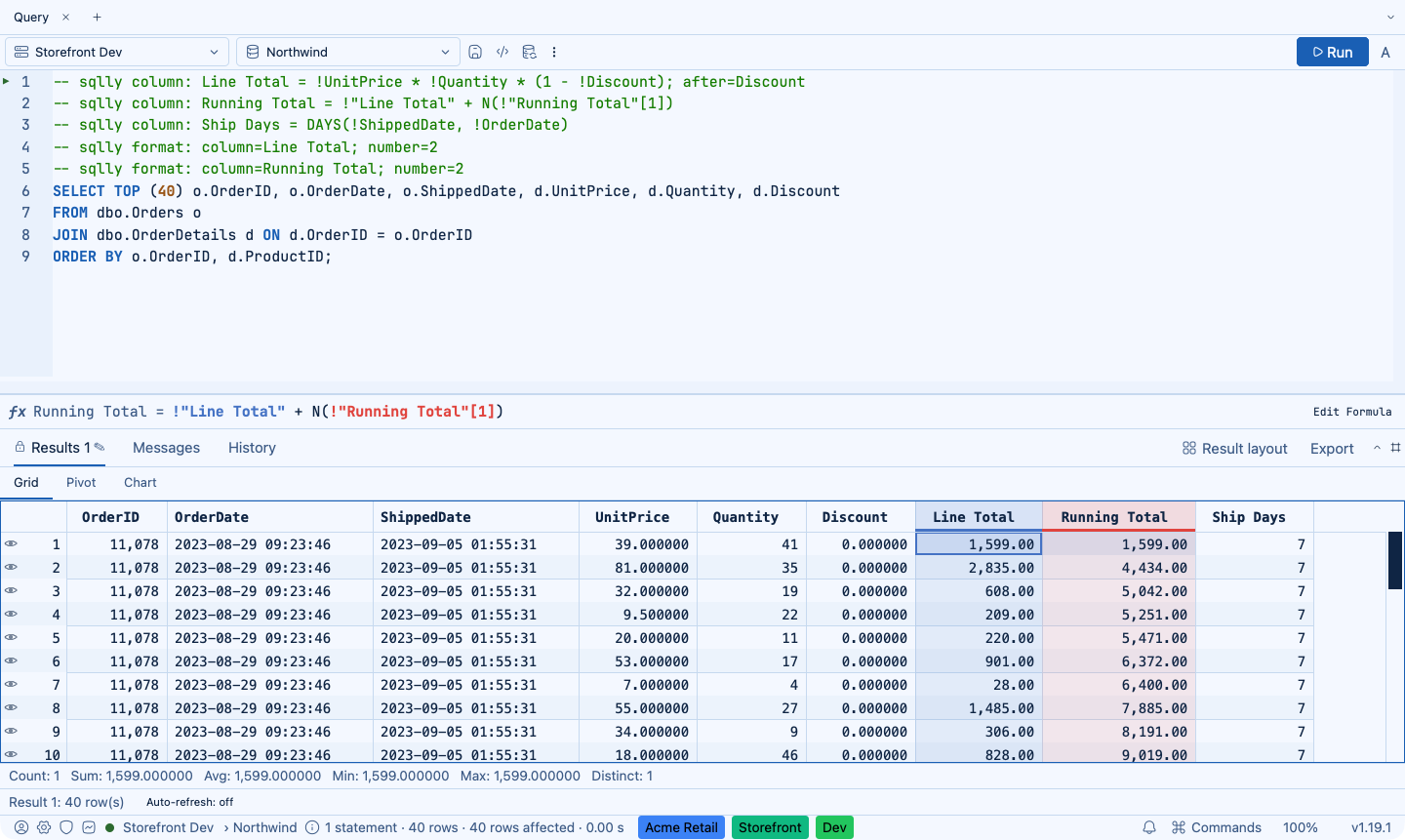A result with two computed columns, Line Total and Running Total, next to the columns they read, and the sqlly column lines at the top of the query.