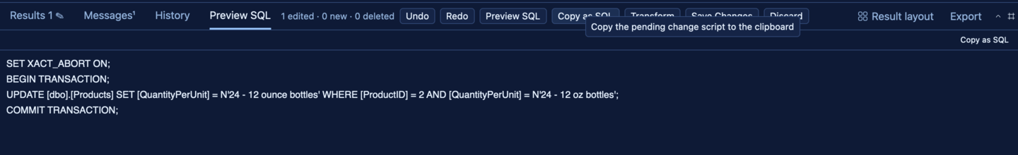 Copy as SQL on the staged-changes preview: the pending change script goes to the clipboard without running it.