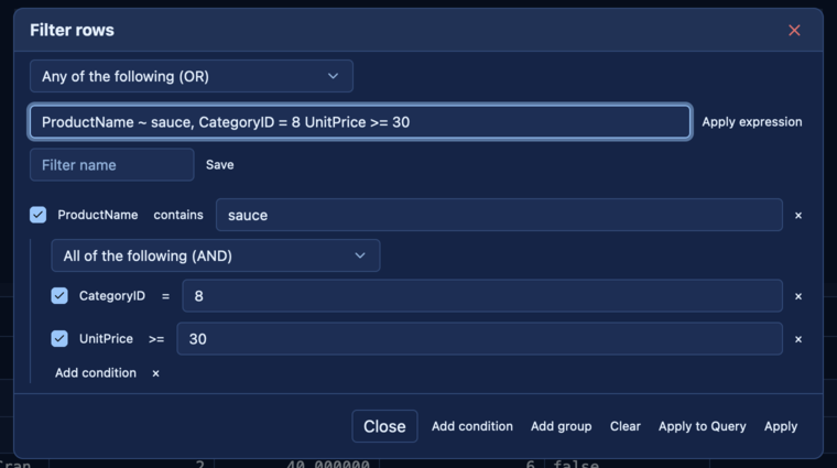 The expression field: a typed filter with the builder's conditions it lowers to.
