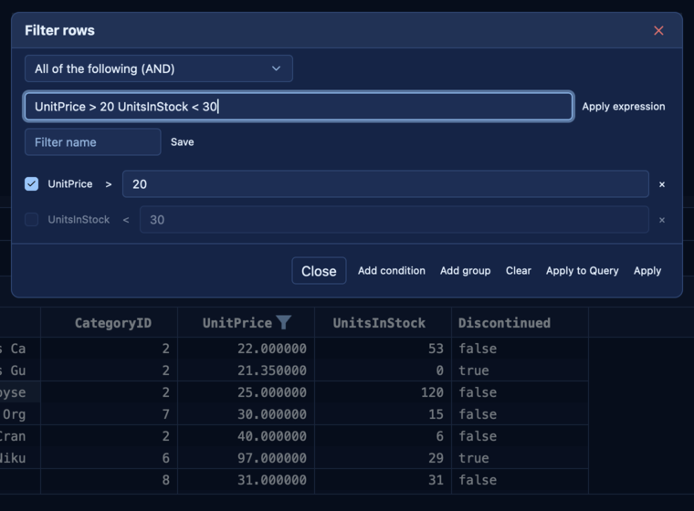 The filter builder with one condition paused: its checkbox is cleared and the row is dimmed.
