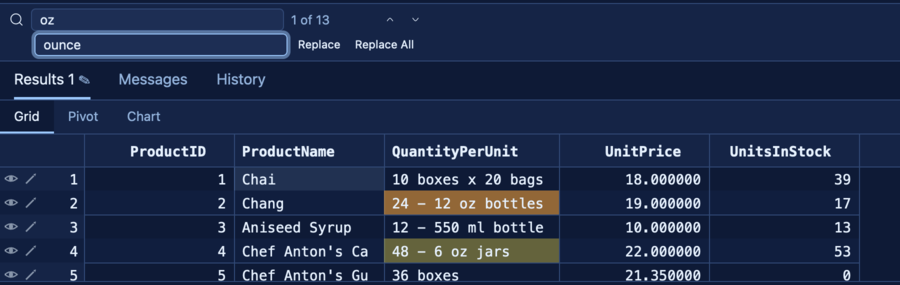 The grid find bar with its replace row: matches become staged edits, previewed and saved like manual edits.