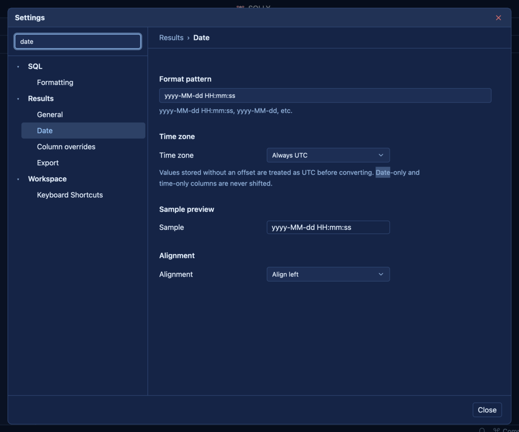 SQLly date formatting configuration panel
