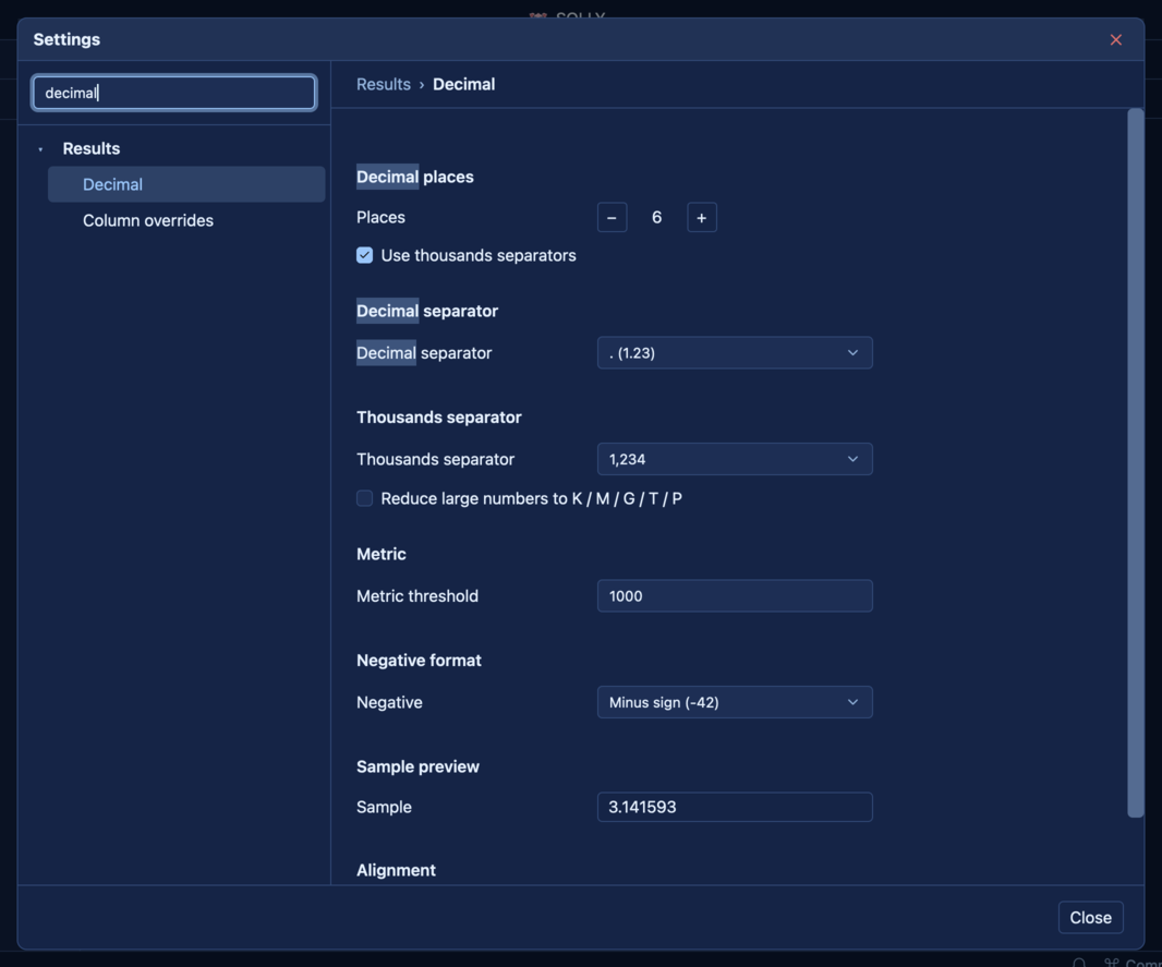 SQLly decimal formatting configuration panel