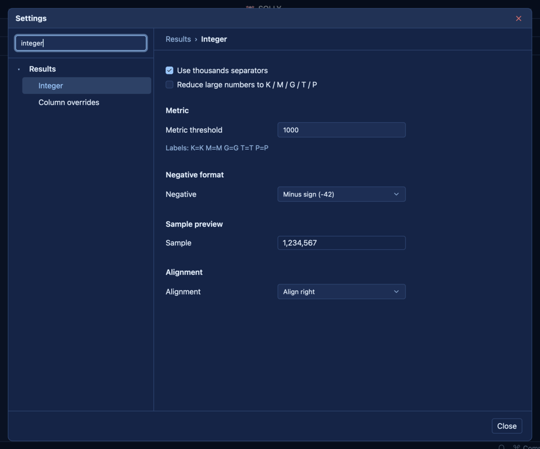 SQLly integer formatting configuration panel