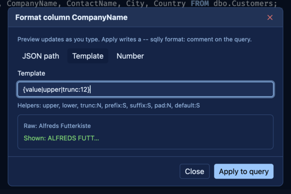SQLly per-column string formatter picker dialog