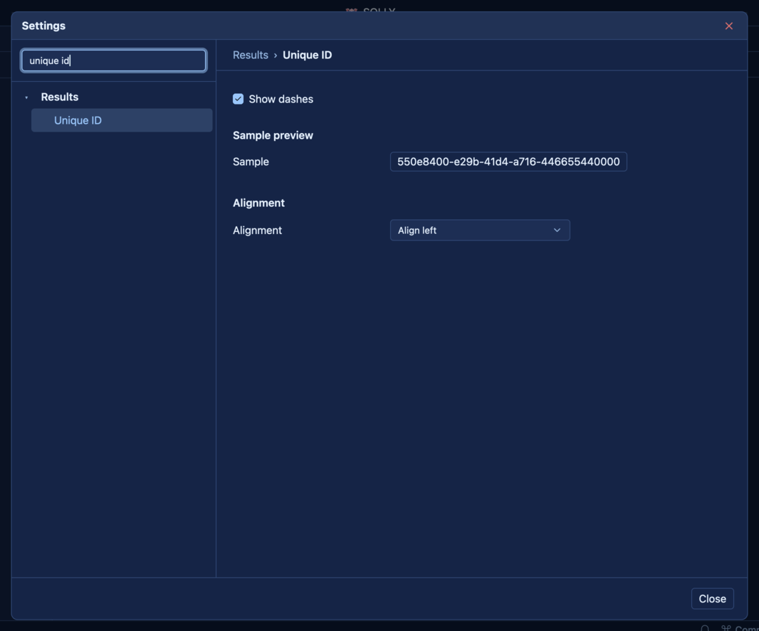 SQLly UUID formatting configuration panel